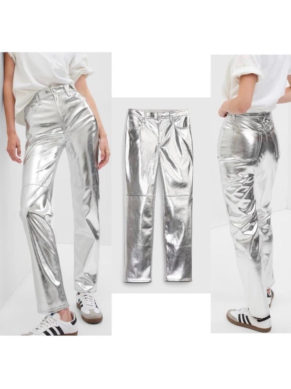GAP Metallic Silver High Rise Vegan Faux Leather Cheeky Straight Pants Sz 16